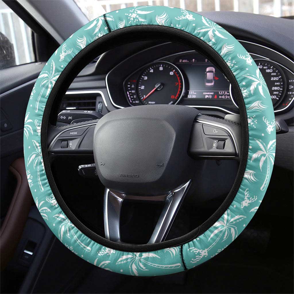 Bahamas Christmas Steering Wheel Cover with Teal Palm Pattern Carnival Santa and National Emblem Motif - Wonder Print Shop