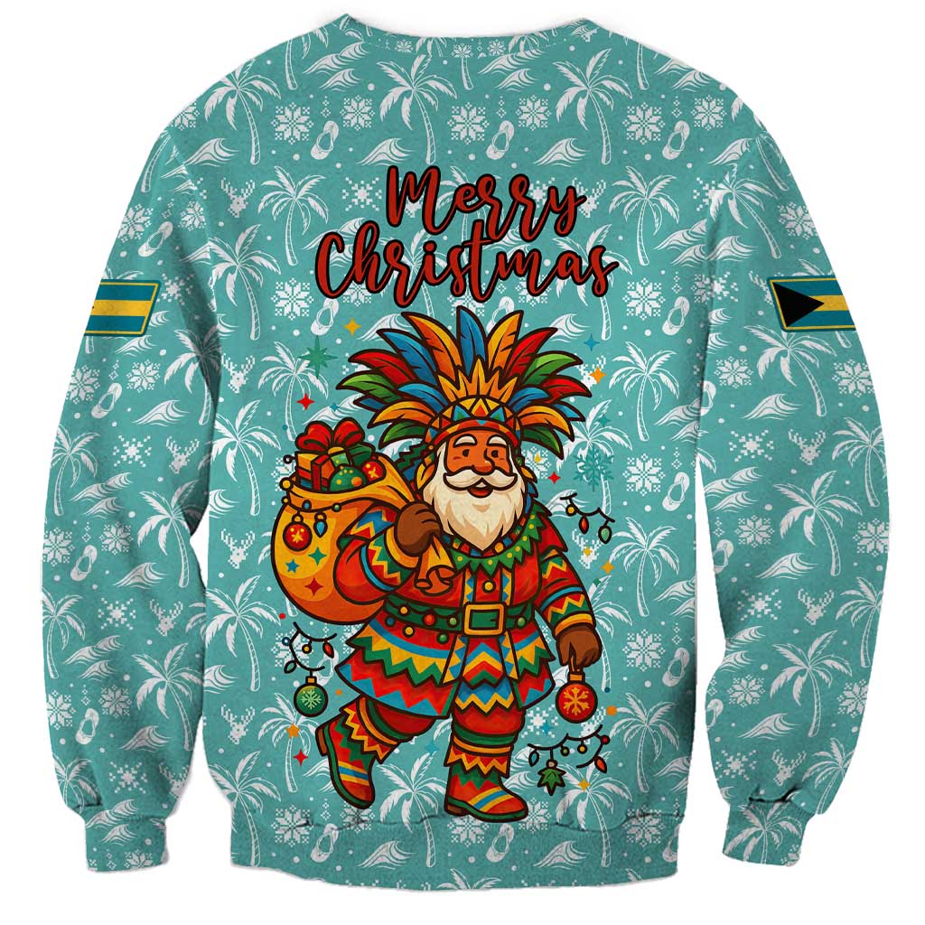 Bahamas Christmas Sweatshirt with Teal Palm Pattern Carnival Santa and National Emblem Motif - Wonder Print Shop