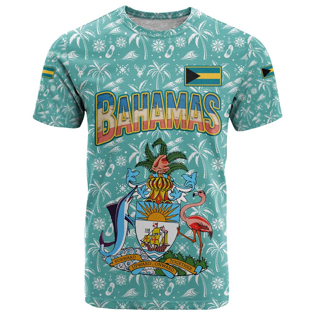 Bahamas Christmas T Shirt with Teal Palm Pattern Carnival Santa and National Emblem Motif - Wonder Print Shop