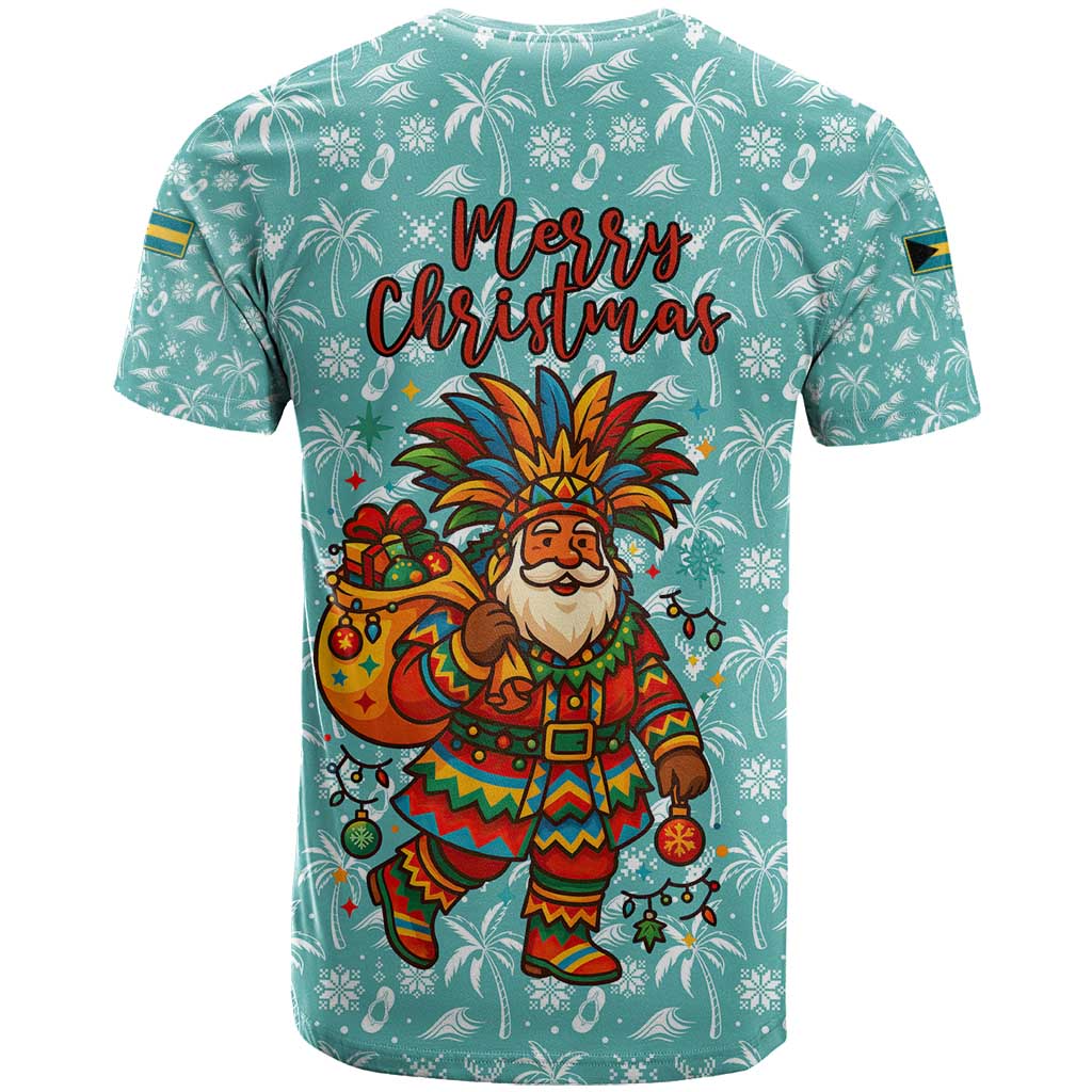 Bahamas Christmas T Shirt with Teal Palm Pattern Carnival Santa and National Emblem Motif - Wonder Print Shop