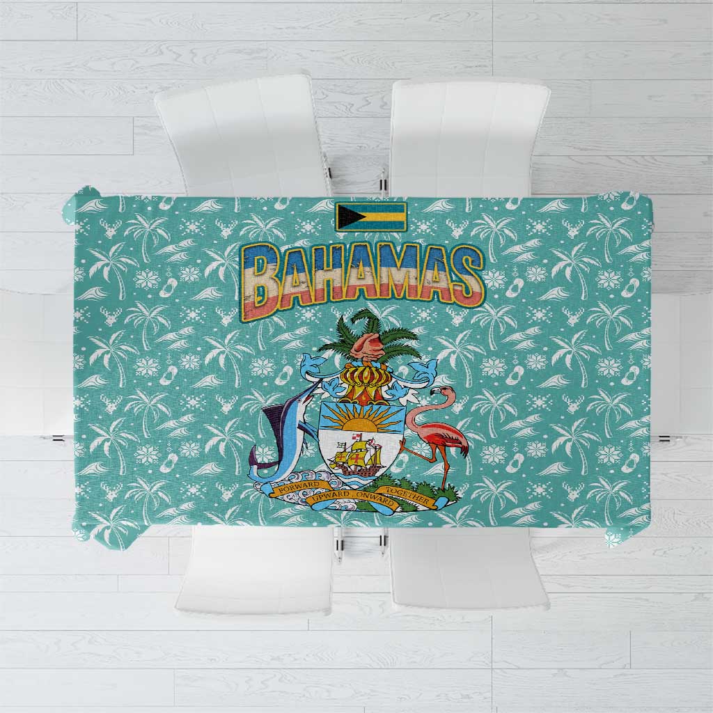 Bahamas Christmas Tablecloth with Teal Palm Pattern Carnival Santa and National Emblem Motif - Wonder Print Shop