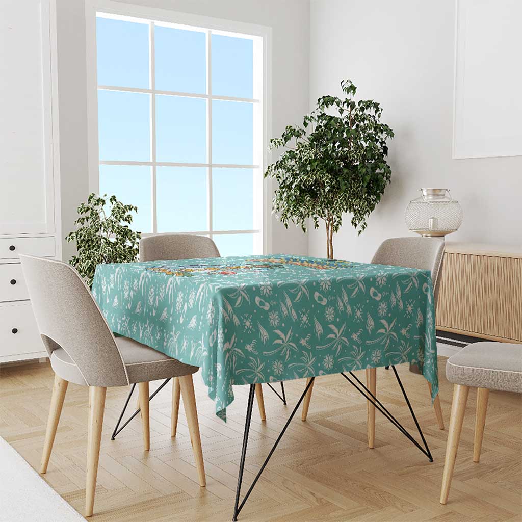 Bahamas Christmas Tablecloth with Teal Palm Pattern Carnival Santa and National Emblem Motif - Wonder Print Shop