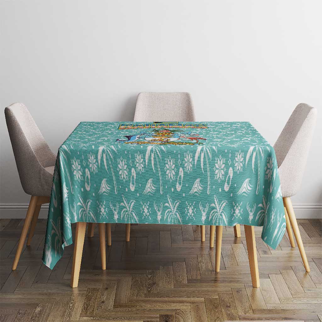 Bahamas Christmas Tablecloth with Teal Palm Pattern Carnival Santa and National Emblem Motif - Wonder Print Shop