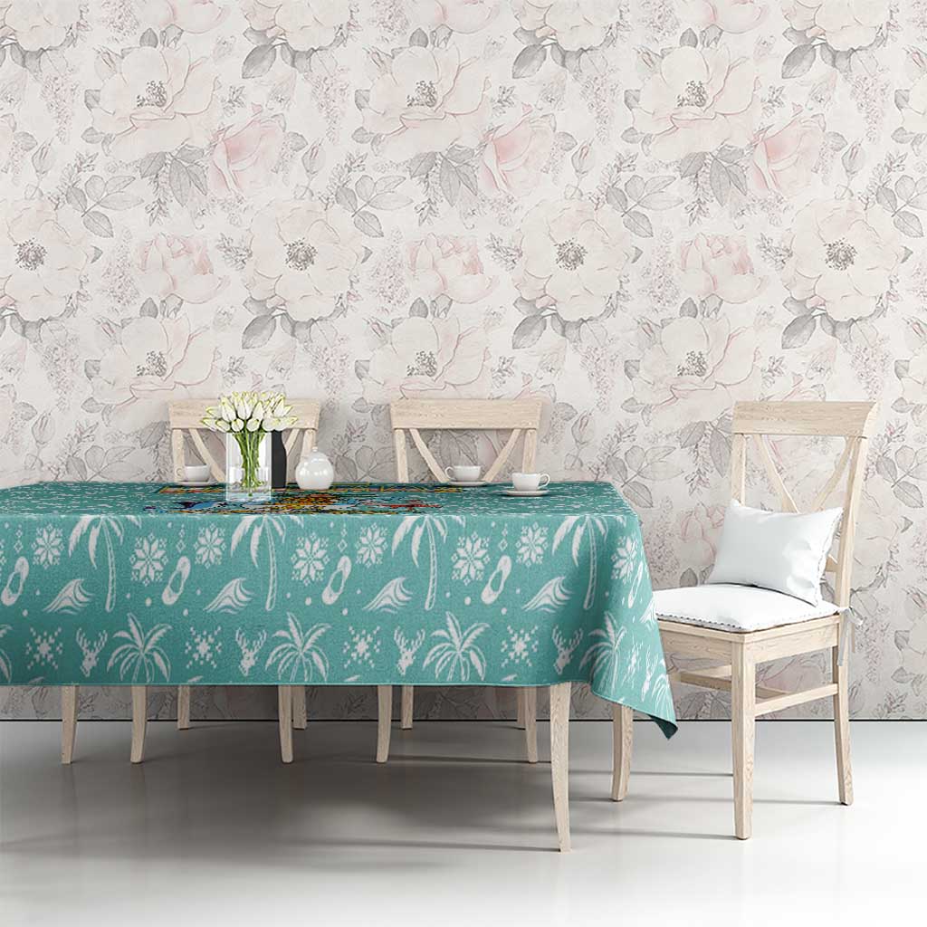 Bahamas Christmas Tablecloth with Teal Palm Pattern Carnival Santa and National Emblem Motif - Wonder Print Shop
