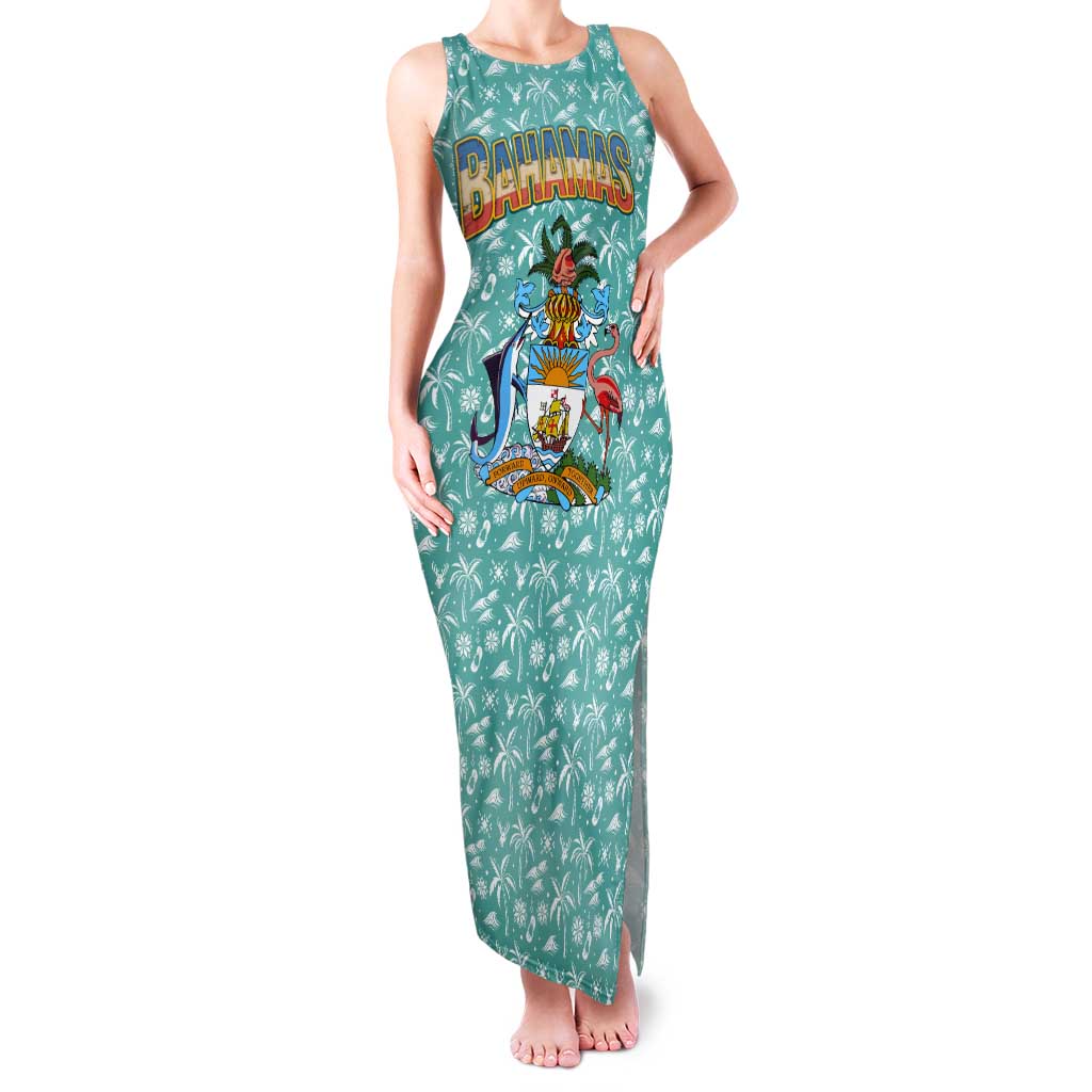 Bahamas Christmas Tank Maxi Dress with Teal Palm Pattern Carnival Santa and National Emblem Motif - Wonder Print Shop