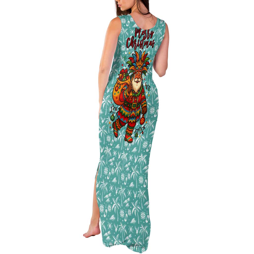 Bahamas Christmas Tank Maxi Dress with Teal Palm Pattern Carnival Santa and National Emblem Motif - Wonder Print Shop