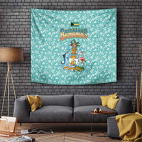 Bahamas Christmas Tapestry with Teal Palm Pattern Carnival Santa and National Emblem Motif - Wonder Print Shop