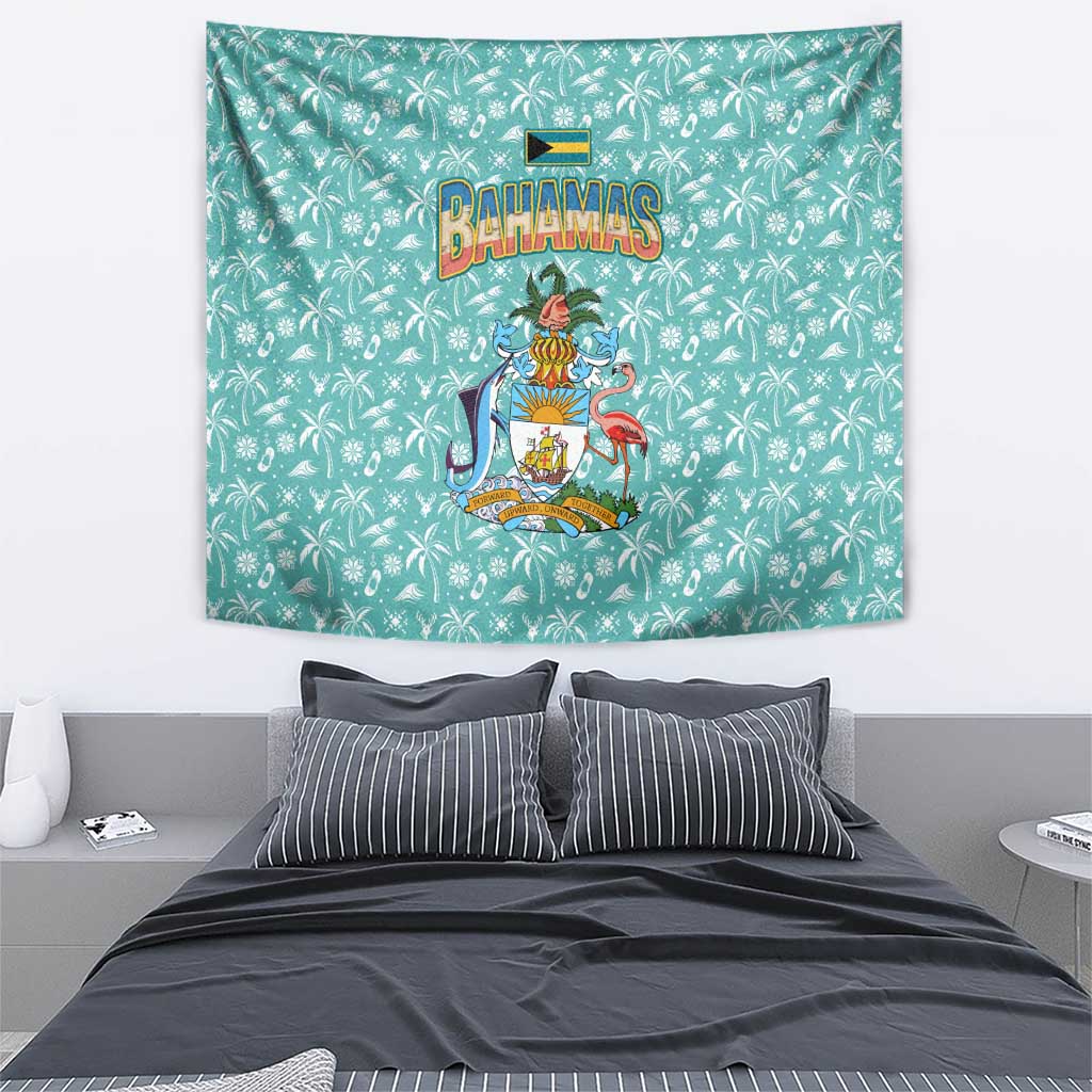 Bahamas Christmas Tapestry with Teal Palm Pattern Carnival Santa and National Emblem Motif - Wonder Print Shop