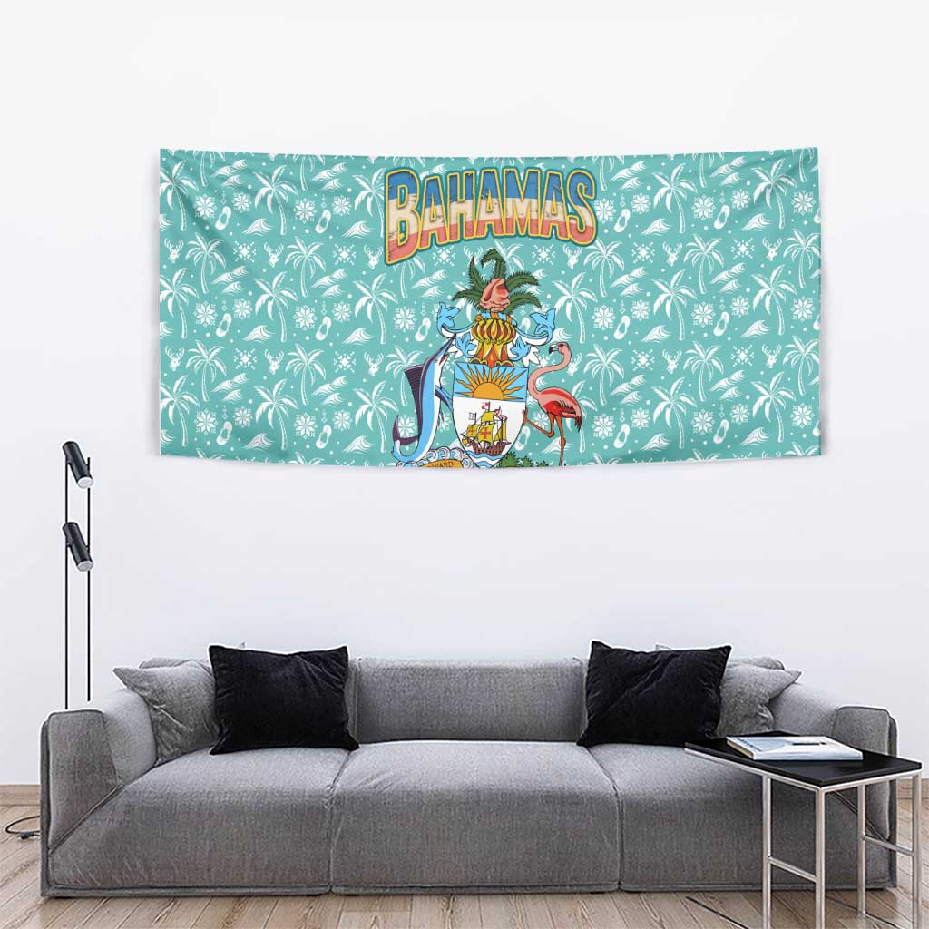 Bahamas Christmas Tapestry with Teal Palm Pattern Carnival Santa and National Emblem Motif - Wonder Print Shop