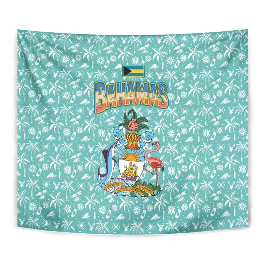 Bahamas Christmas Tapestry with Teal Palm Pattern Carnival Santa and National Emblem Motif - Wonder Print Shop