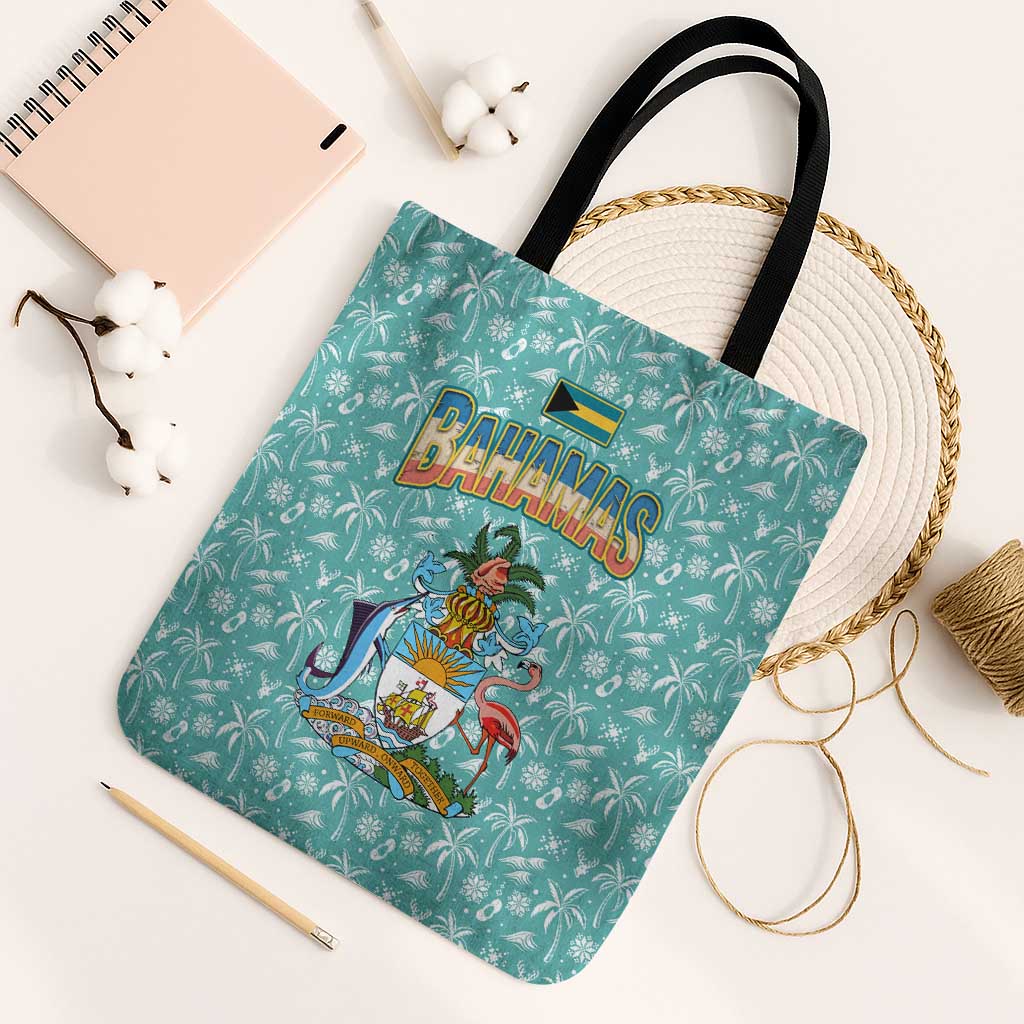 Bahamas Christmas Tote Bag with Teal Palm Pattern Carnival Santa and National Emblem Motif - Wonder Print Shop