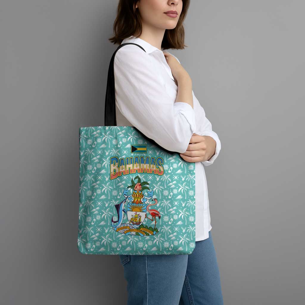 Bahamas Christmas Tote Bag with Teal Palm Pattern Carnival Santa and National Emblem Motif - Wonder Print Shop