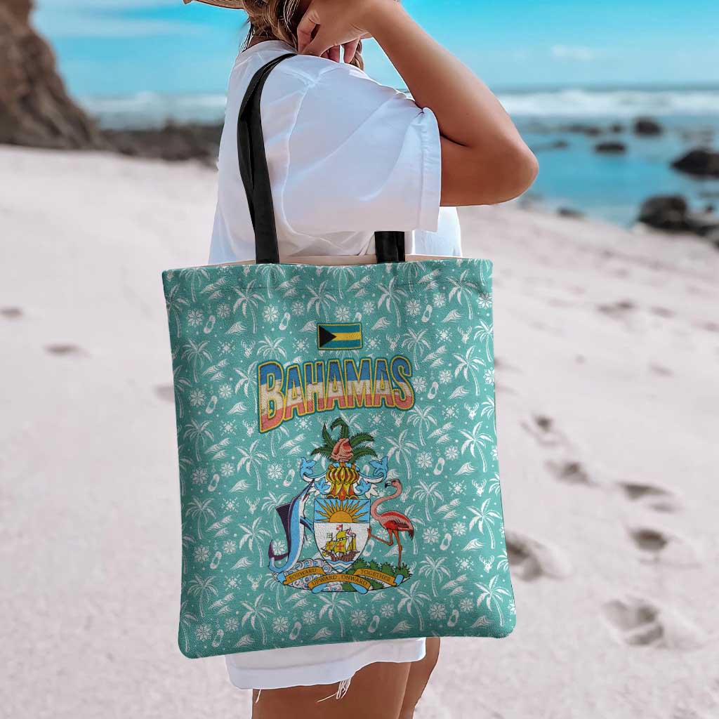 Bahamas Christmas Tote Bag with Teal Palm Pattern Carnival Santa and National Emblem Motif - Wonder Print Shop