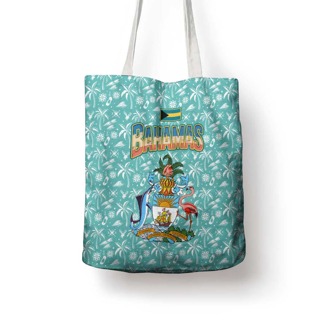 Bahamas Christmas Tote Bag with Teal Palm Pattern Carnival Santa and National Emblem Motif - Wonder Print Shop