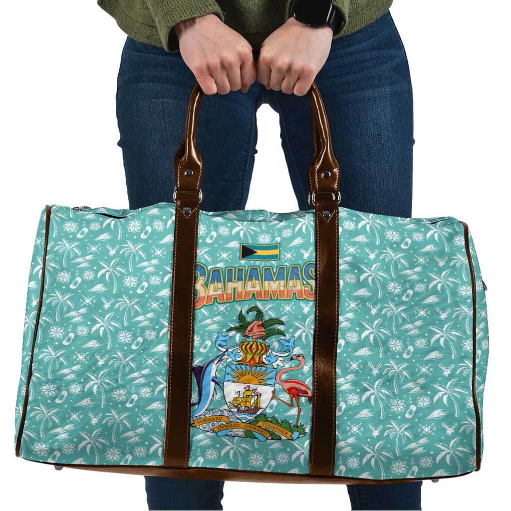 Bahamas Christmas Travel Bag with Teal Palm Pattern Carnival Santa and National Emblem Motif - Wonder Print Shop