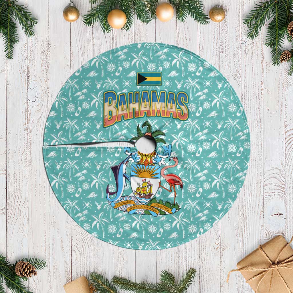 Bahamas Christmas Tree Skirt with Teal Palm Pattern Carnival Santa and National Emblem Motif - Wonder Print Shop