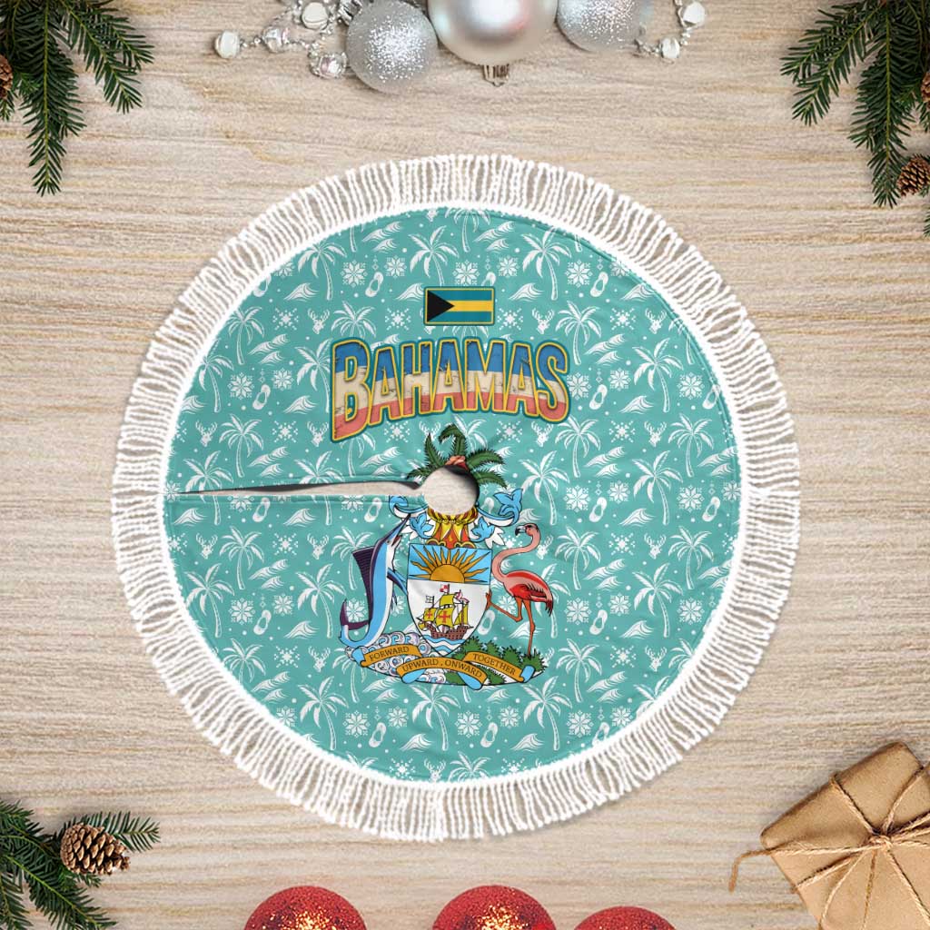 Bahamas Christmas Tree Skirt with Teal Palm Pattern Carnival Santa and National Emblem Motif - Wonder Print Shop