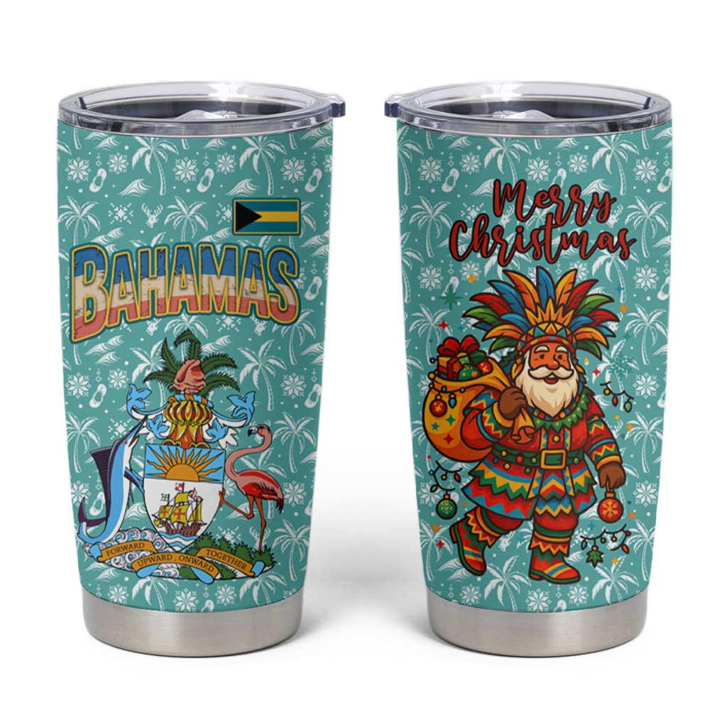 Bahamas Christmas Tumbler Cup with Teal Palm Pattern Carnival Santa and National Emblem Motif - Wonder Print Shop