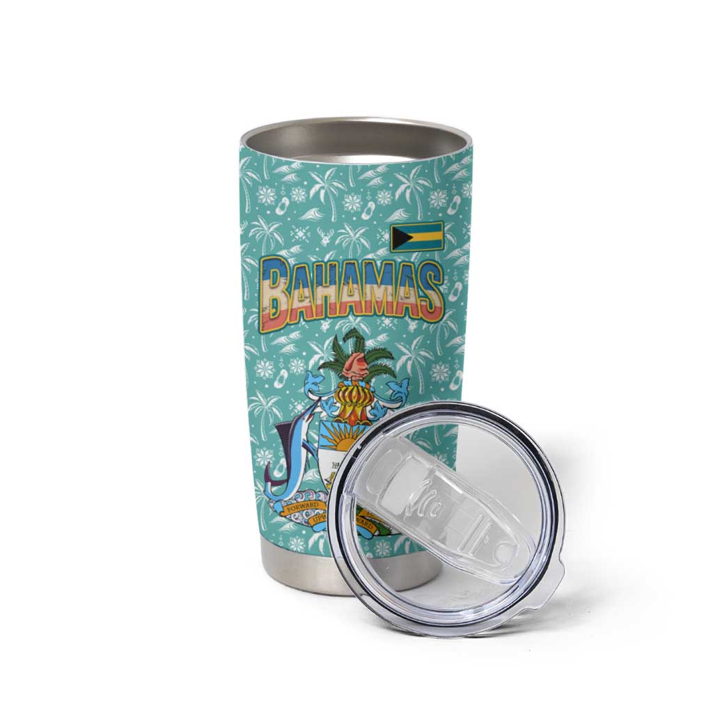 Bahamas Christmas Tumbler Cup with Teal Palm Pattern Carnival Santa and National Emblem Motif - Wonder Print Shop