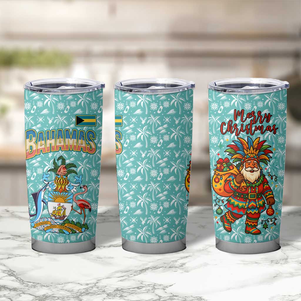 Bahamas Christmas Tumbler Cup with Teal Palm Pattern Carnival Santa and National Emblem Motif - Wonder Print Shop