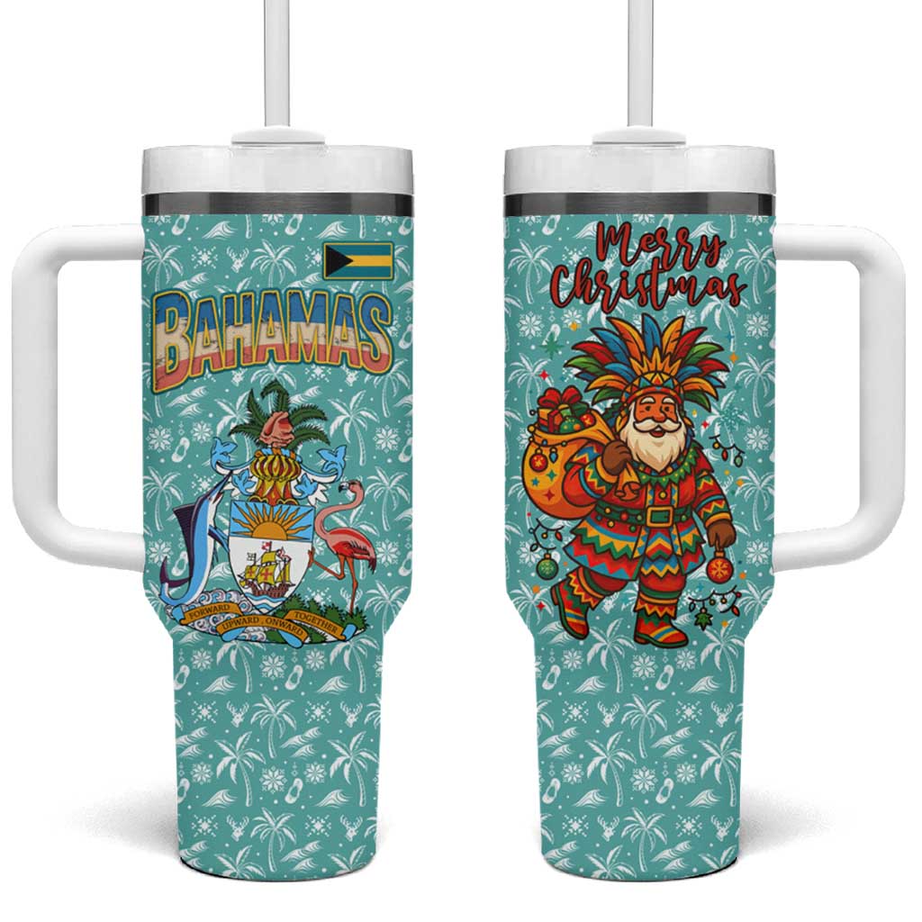 Bahamas Christmas Tumbler With Handle with Teal Palm Pattern Carnival Santa and National Emblem Motif - Wonder Print Shop
