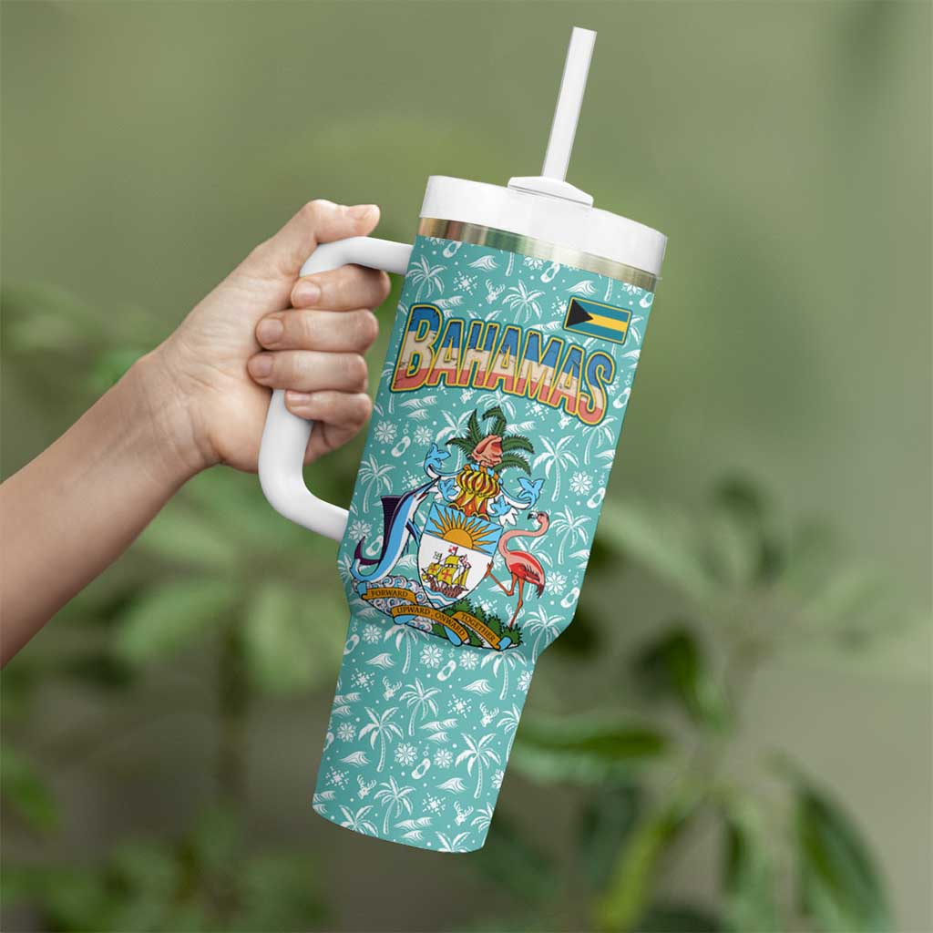Bahamas Christmas Tumbler With Handle with Teal Palm Pattern Carnival Santa and National Emblem Motif - Wonder Print Shop