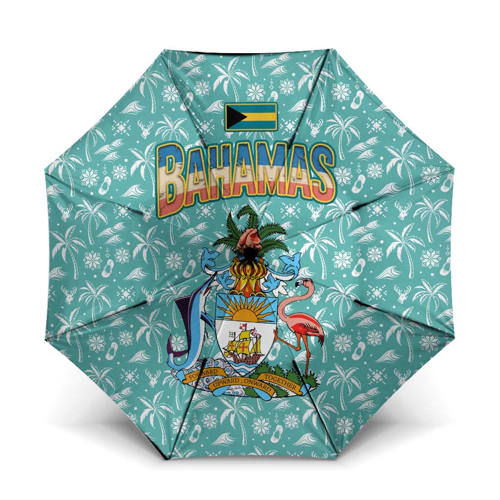 Bahamas Christmas Umbrella with Teal Palm Pattern Carnival Santa and National Emblem Motif - Wonder Print Shop