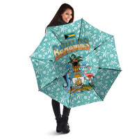 Bahamas Christmas Umbrella with Teal Palm Pattern Carnival Santa and National Emblem Motif - Wonder Print Shop