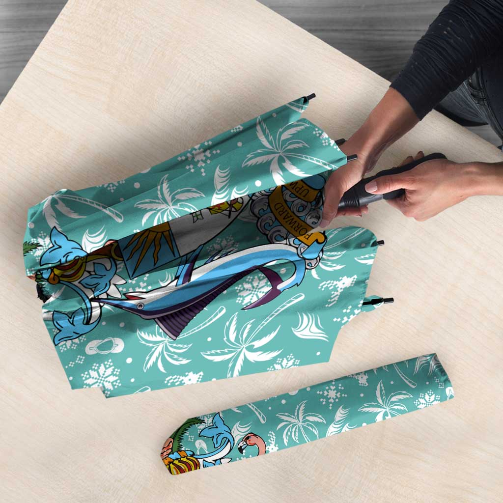 Bahamas Christmas Umbrella with Teal Palm Pattern Carnival Santa and National Emblem Motif - Wonder Print Shop