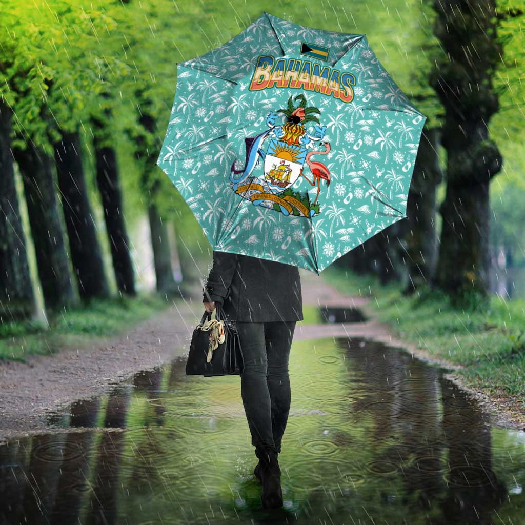 Bahamas Christmas Umbrella with Teal Palm Pattern Carnival Santa and National Emblem Motif - Wonder Print Shop