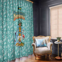 Bahamas Christmas Window Curtain with Teal Palm Pattern Carnival Santa and National Emblem Motif - Wonder Print Shop