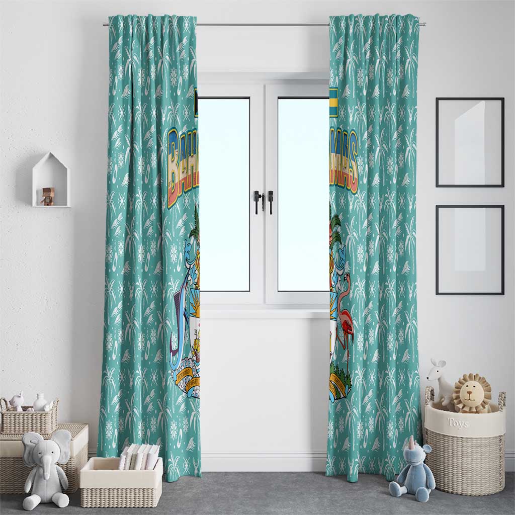 Bahamas Christmas Window Curtain with Teal Palm Pattern Carnival Santa and National Emblem Motif - Wonder Print Shop