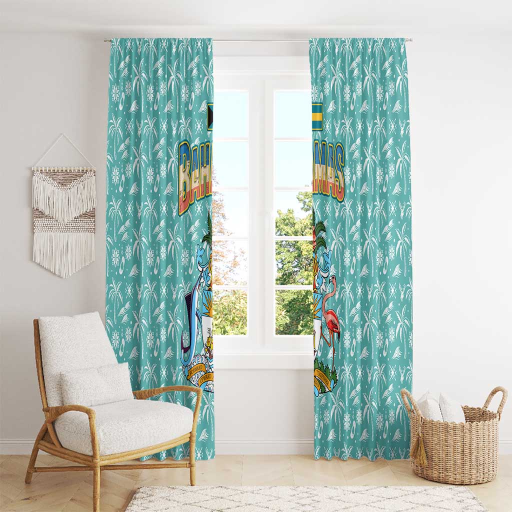 Bahamas Christmas Window Curtain with Teal Palm Pattern Carnival Santa and National Emblem Motif - Wonder Print Shop