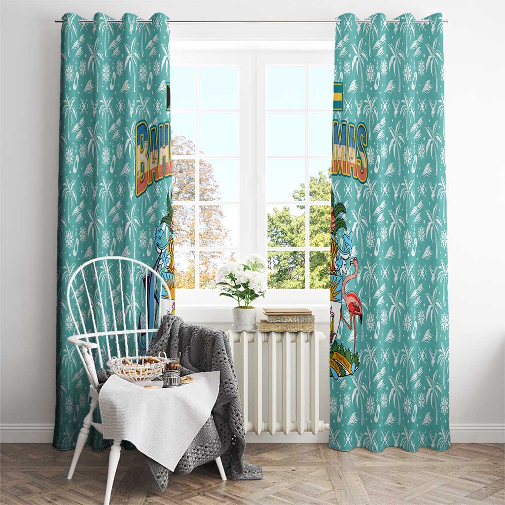 Bahamas Christmas Window Curtain with Teal Palm Pattern Carnival Santa and National Emblem Motif - Wonder Print Shop