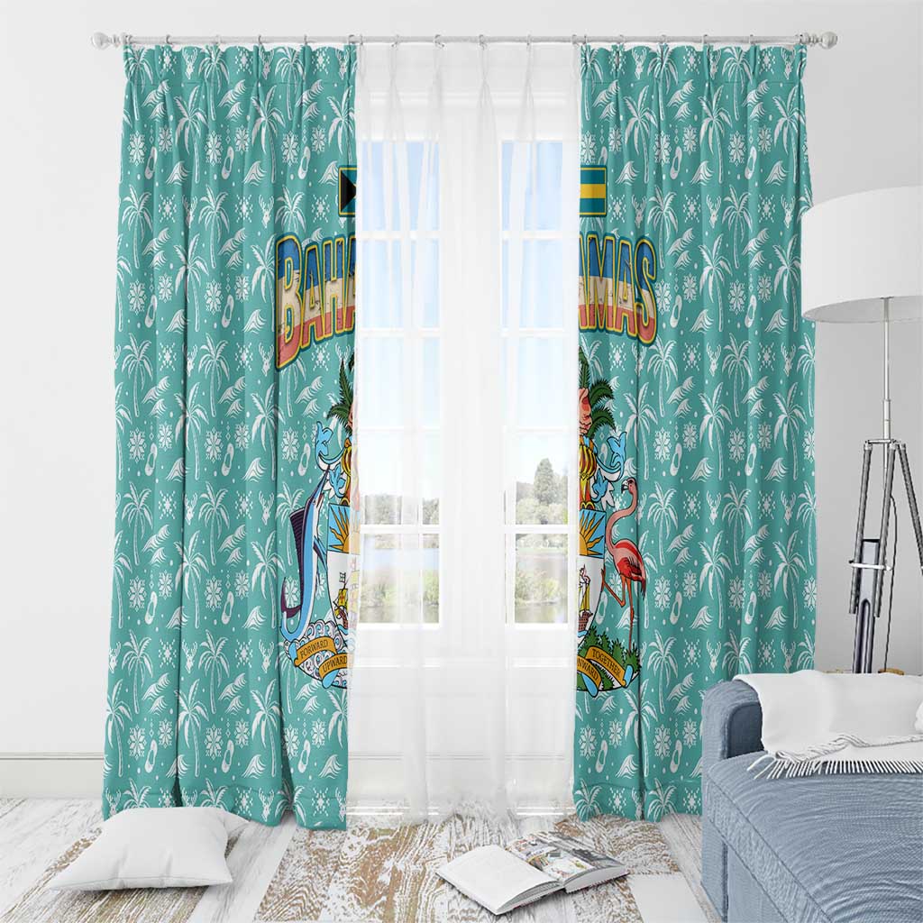 Bahamas Christmas Window Curtain with Teal Palm Pattern Carnival Santa and National Emblem Motif - Wonder Print Shop