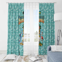 Bahamas Christmas Window Curtain with Teal Palm Pattern Carnival Santa and National Emblem Motif - Wonder Print Shop
