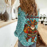 Bahamas Christmas Women Casual Shirt with Teal Palm Pattern Carnival Santa and National Emblem Motif - Wonder Print Shop