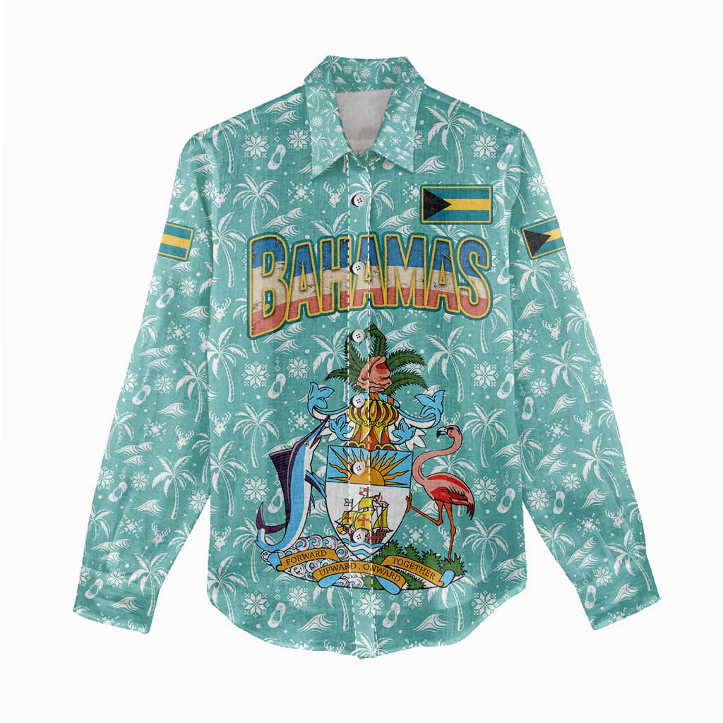 Bahamas Christmas Women Casual Shirt with Teal Palm Pattern Carnival Santa and National Emblem Motif - Wonder Print Shop
