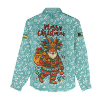 Bahamas Christmas Women Casual Shirt with Teal Palm Pattern Carnival Santa and National Emblem Motif - Wonder Print Shop