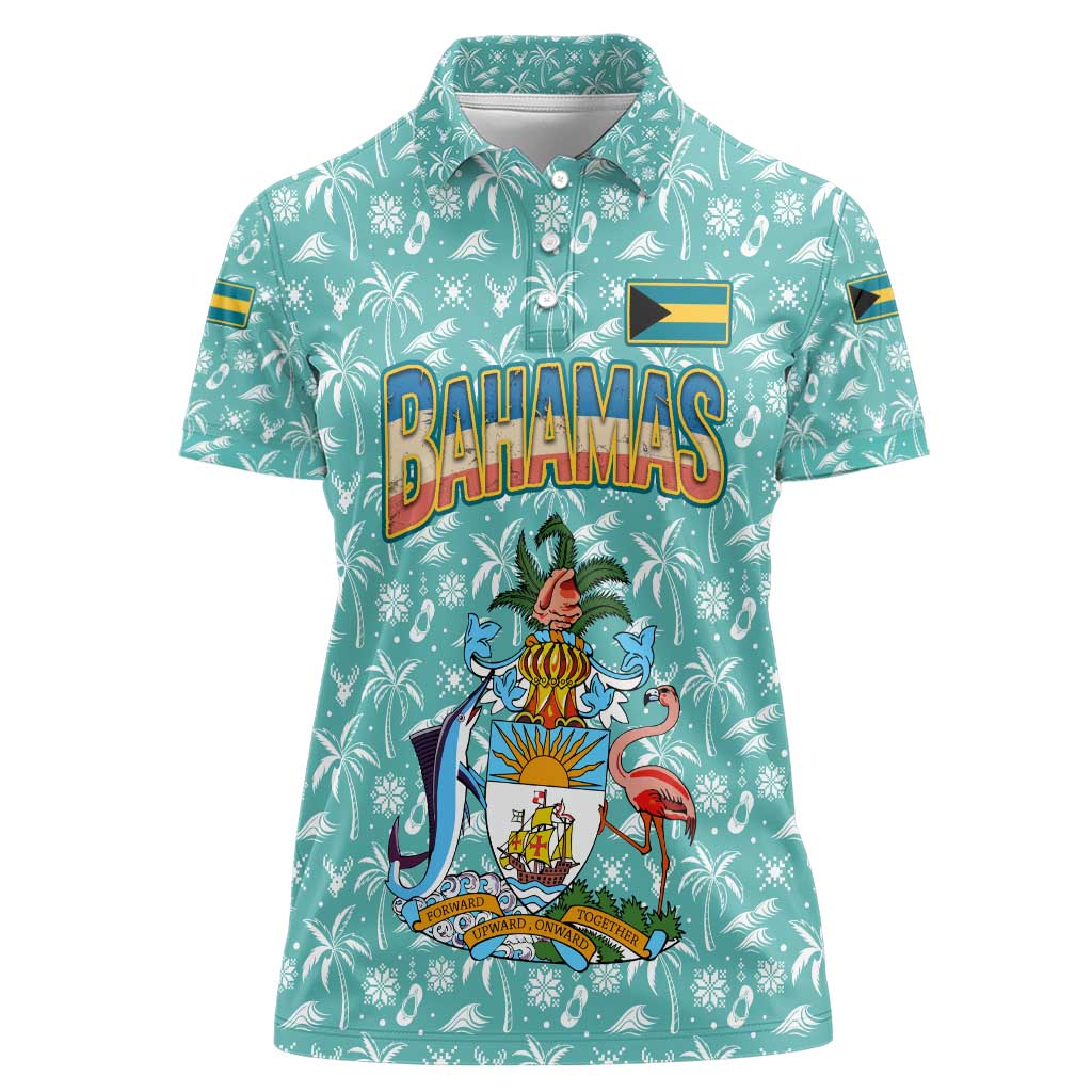 Bahamas Christmas Women Polo Shirt with Teal Palm Pattern Carnival Santa and National Emblem Motif - Wonder Print Shop