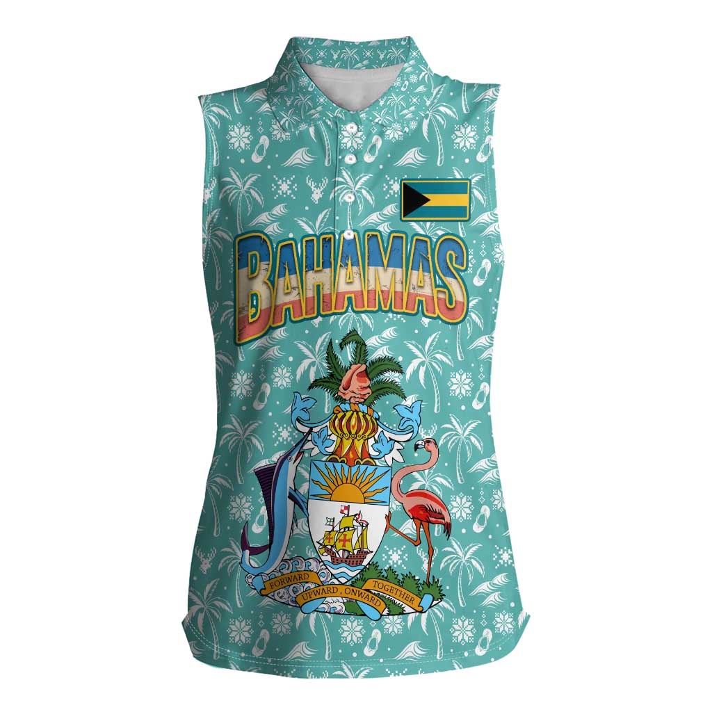 Bahamas Christmas Women Sleeveless Polo Shirt with Teal Palm Pattern Carnival Santa and National Emblem Motif - Wonder Print Shop