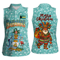Bahamas Christmas Women Sleeveless Polo Shirt with Teal Palm Pattern Carnival Santa and National Emblem Motif - Wonder Print Shop
