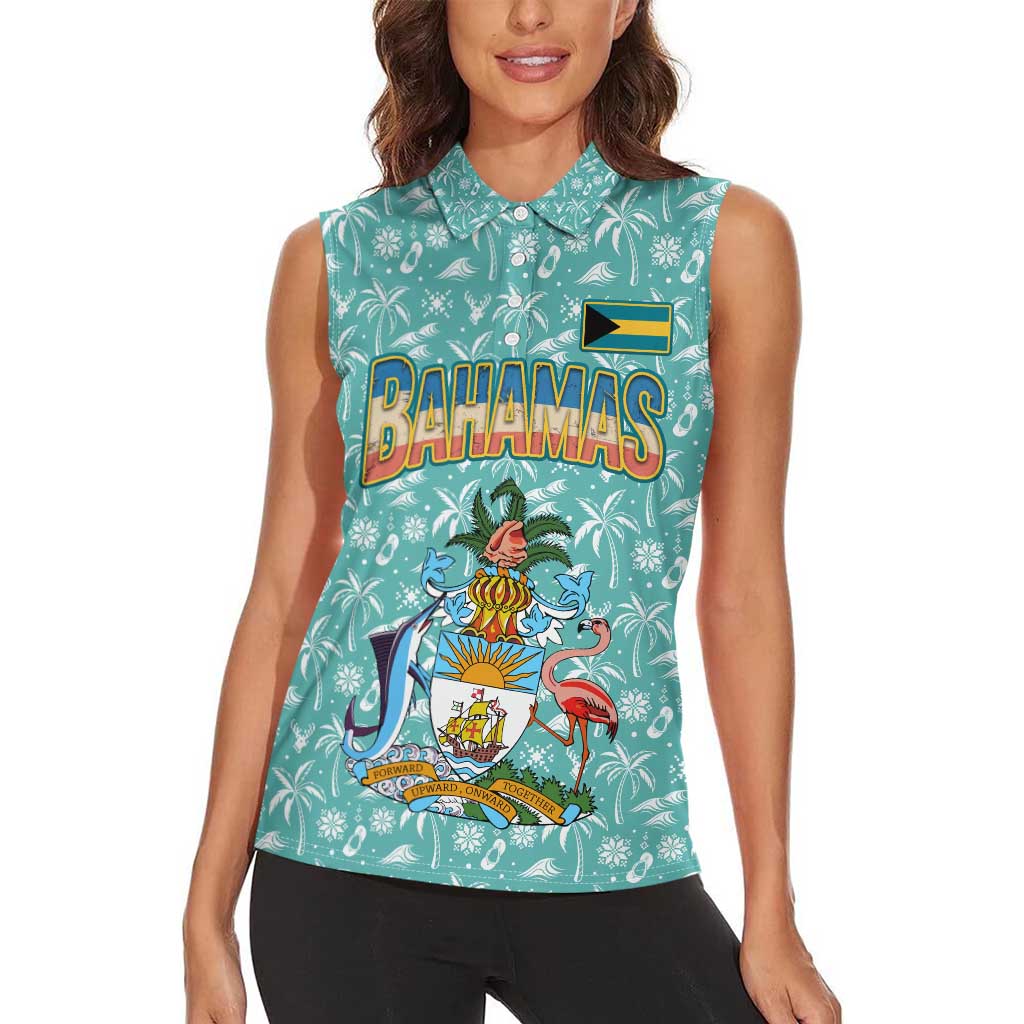 Bahamas Christmas Women Sleeveless Polo Shirt with Teal Palm Pattern Carnival Santa and National Emblem Motif - Wonder Print Shop
