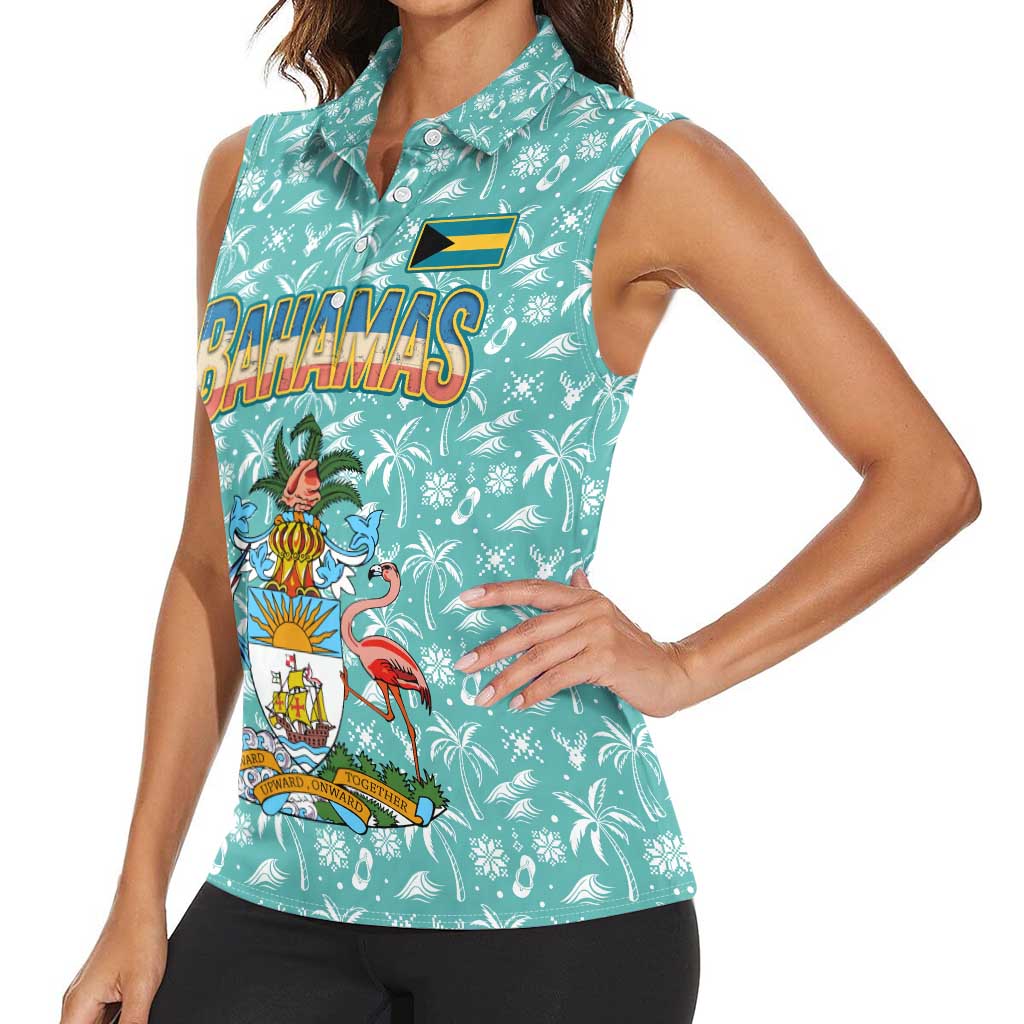 Bahamas Christmas Women Sleeveless Polo Shirt with Teal Palm Pattern Carnival Santa and National Emblem Motif - Wonder Print Shop