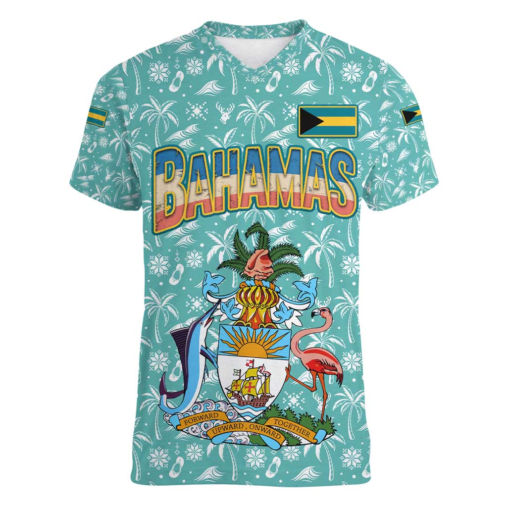 Bahamas Christmas Women V-Neck T-Shirt with Teal Palm Pattern Carnival Santa and National Emblem Motif - Wonder Print Shop