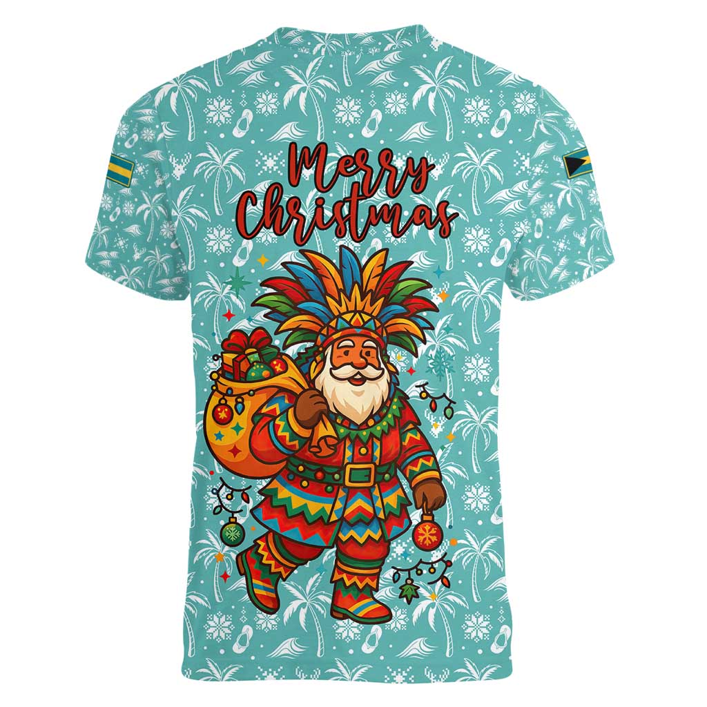 Bahamas Christmas Women V-Neck T-Shirt with Teal Palm Pattern Carnival Santa and National Emblem Motif - Wonder Print Shop
