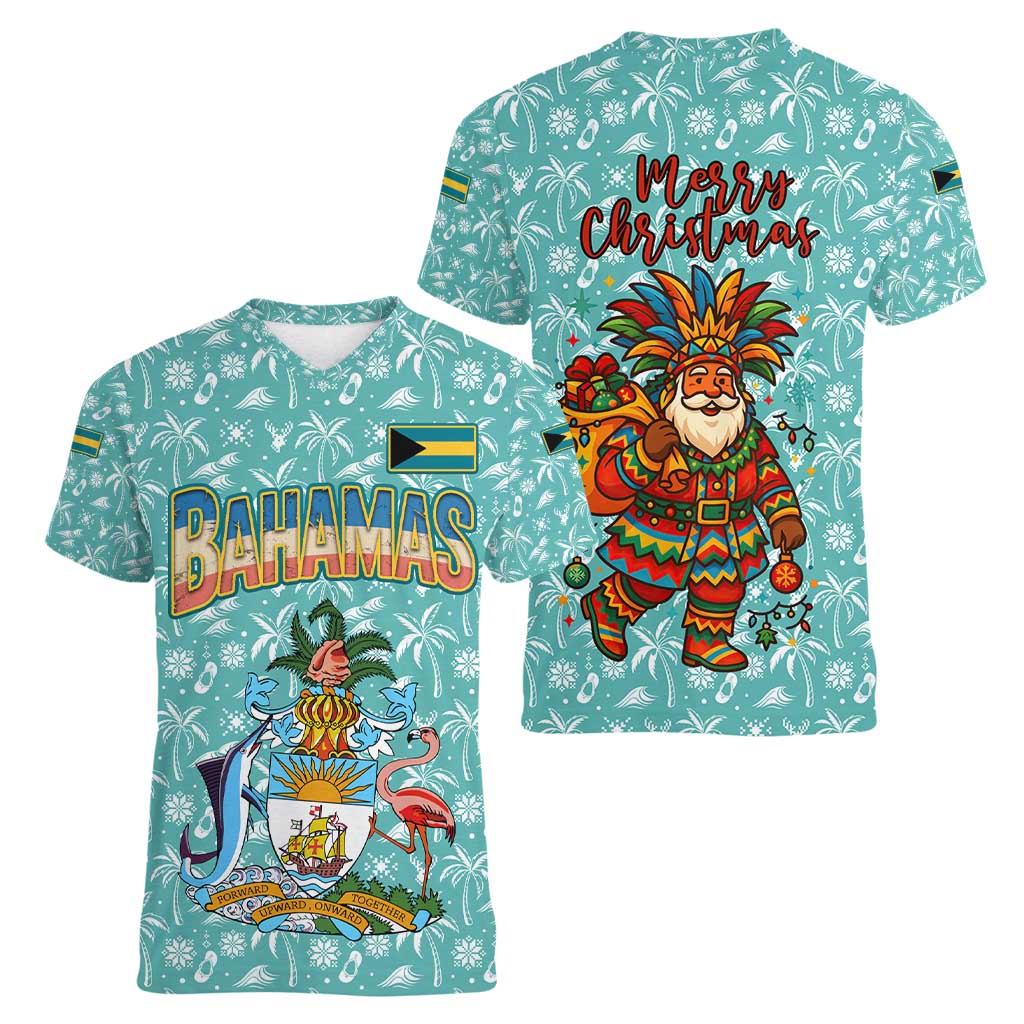 Bahamas Christmas Women V-Neck T-Shirt with Teal Palm Pattern Carnival Santa and National Emblem Motif - Wonder Print Shop
