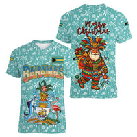 Bahamas Christmas Women V-Neck T-Shirt with Teal Palm Pattern Carnival Santa and National Emblem Motif - Wonder Print Shop