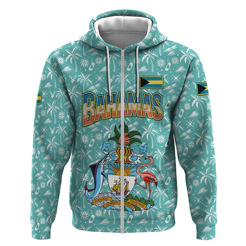 Bahamas Christmas Zip Hoodie with Teal Palm Pattern Carnival Santa and National Emblem Motif - Wonder Print Shop