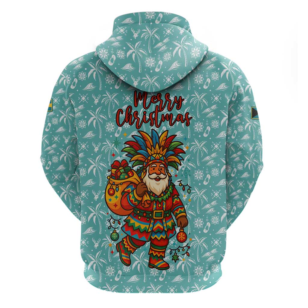 Bahamas Christmas Zip Hoodie with Teal Palm Pattern Carnival Santa and National Emblem Motif - Wonder Print Shop